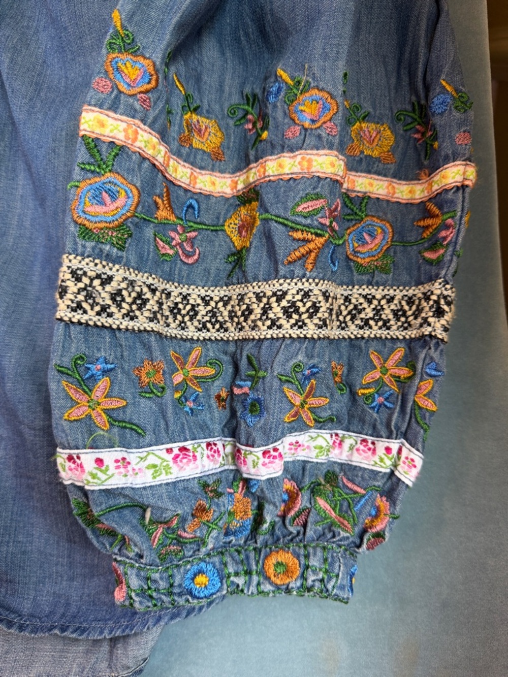 Embroidered Denim Peasant Blouse by Chelsea & Theodore - Picture 2 of 8